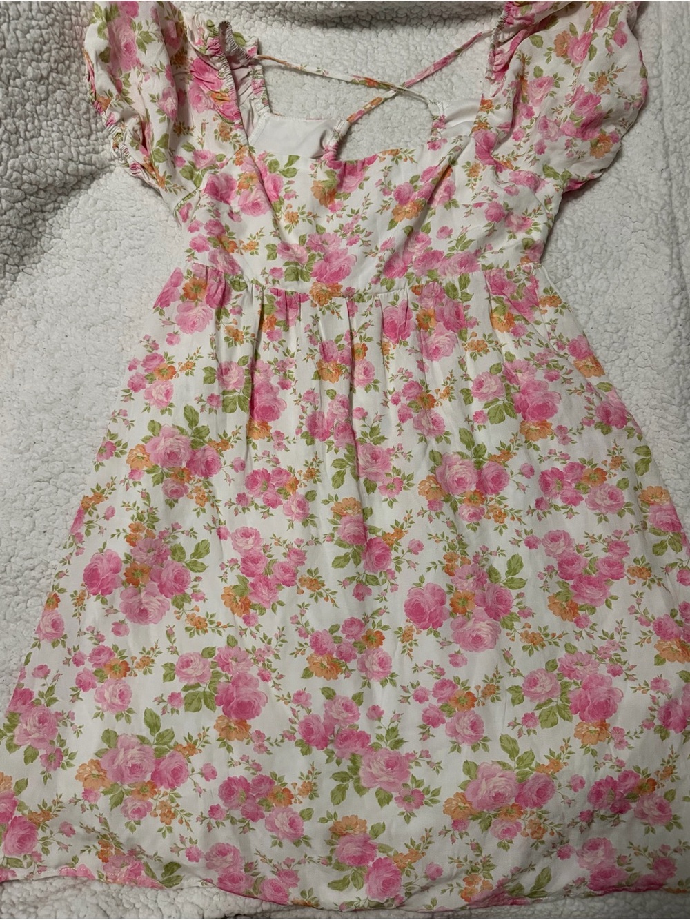 Altar'd State Puff Sleeve White Floral  Dress with Pink and Green Print